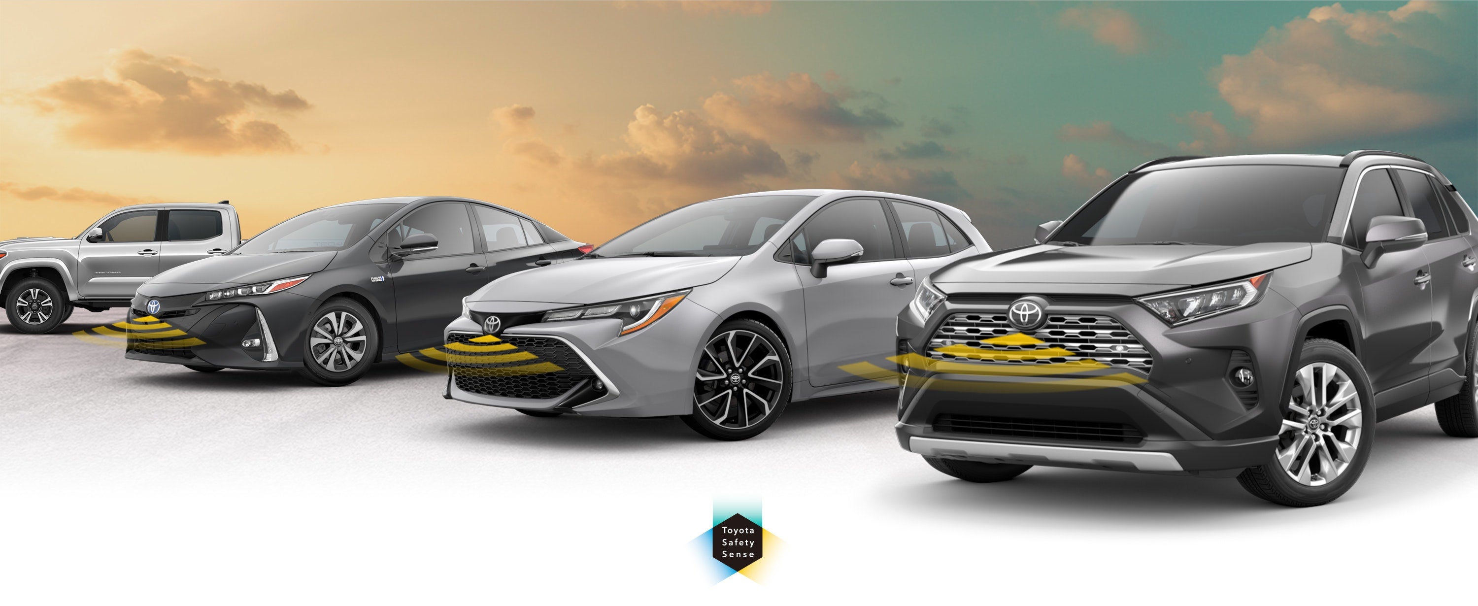 Toyota Safety Sense: Designed for Safety. Options shown on Toyota models including RAV4, Tacoma, and Camry, available now at Koch Route 2 Toyota in Lancaster MA.